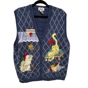 Crazy Cat Lady Blue Argyle Cat Knitting Sweater Vest 2X Grandmacore Cottage Core